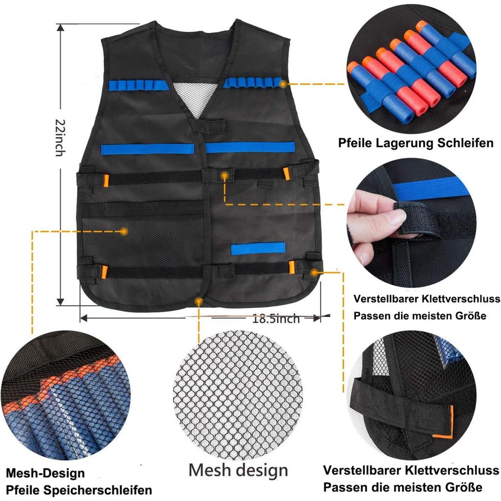 2 komplekti Kids taktikaline vest, lahinguvesti komplekt Nerf Guns N-Strike Elite jaoks koos 2 randmepaelaga, 2 klambriga ajakirja, 2 kaitseprillid, 2 pealuumaski, 80 noolt