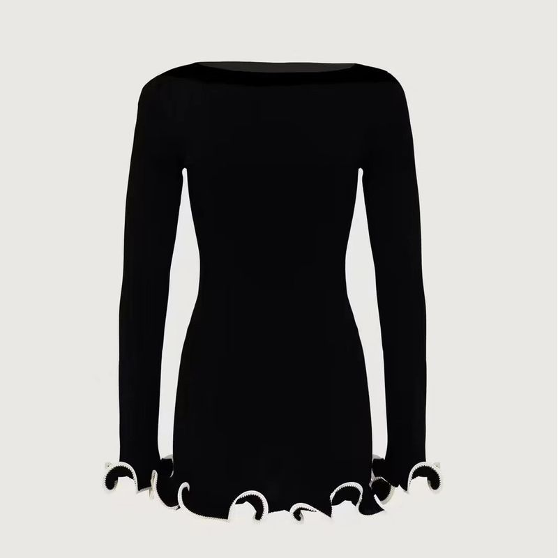 

Fashion Wind Fashion Sexy Ruffles Hemming Knitted Dress Knitted Rolled Edge Dress Black S