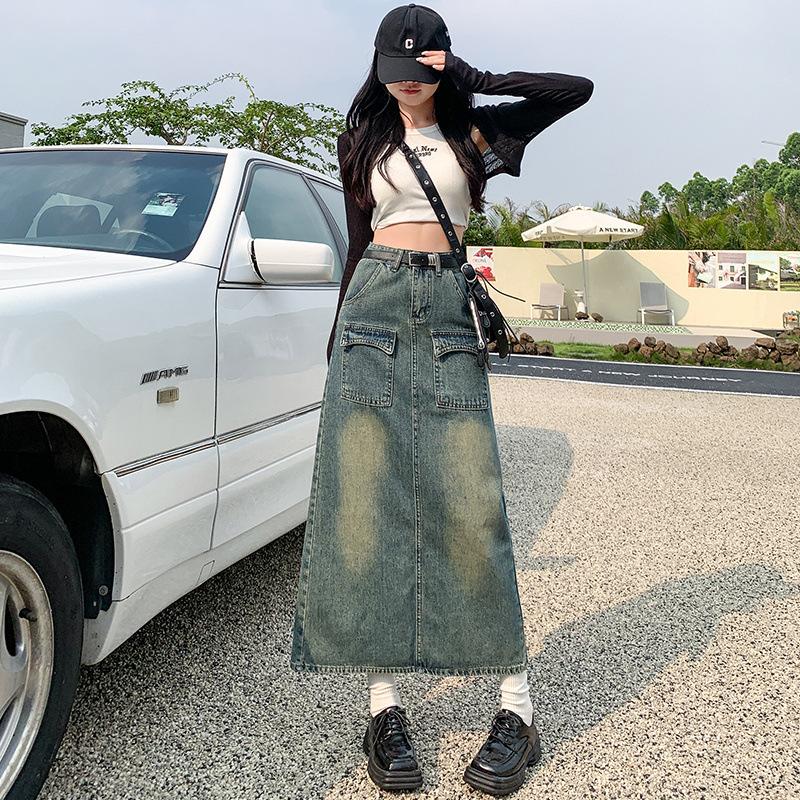 

Ретро Джинсовая Юбка Миди с Разрезом и Высокой Посадкой для Женщин на Лето Тонкая Новая Свободная и Приталенная А-силуэта XXL