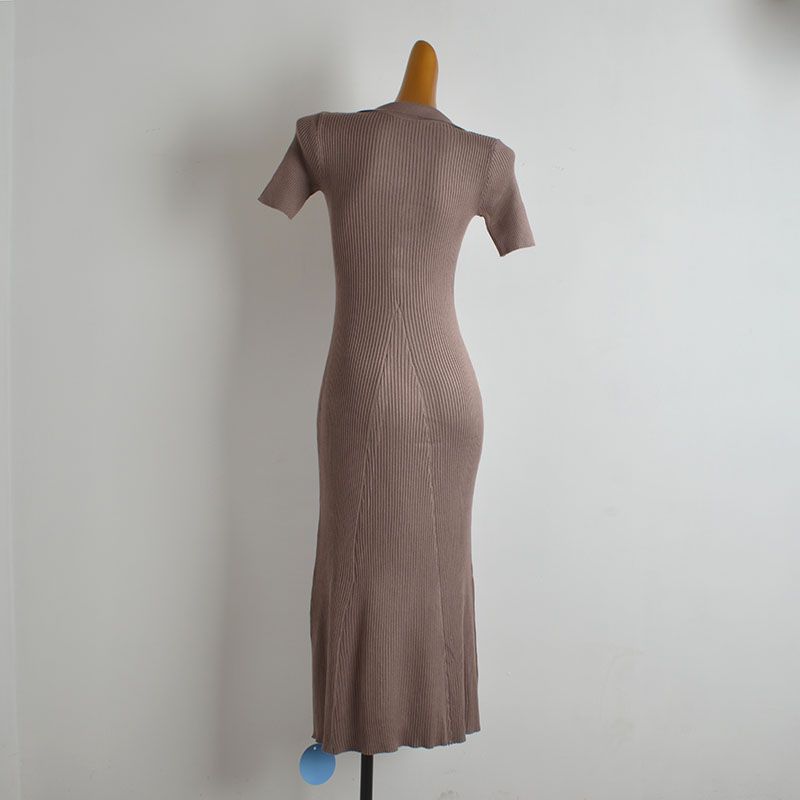 Solid Polo Lapel Short Sleeve Knitted Dress Women Clothes Royal Sister Style Summer Waist Hugging Slimming Sheath One-Step Skirt