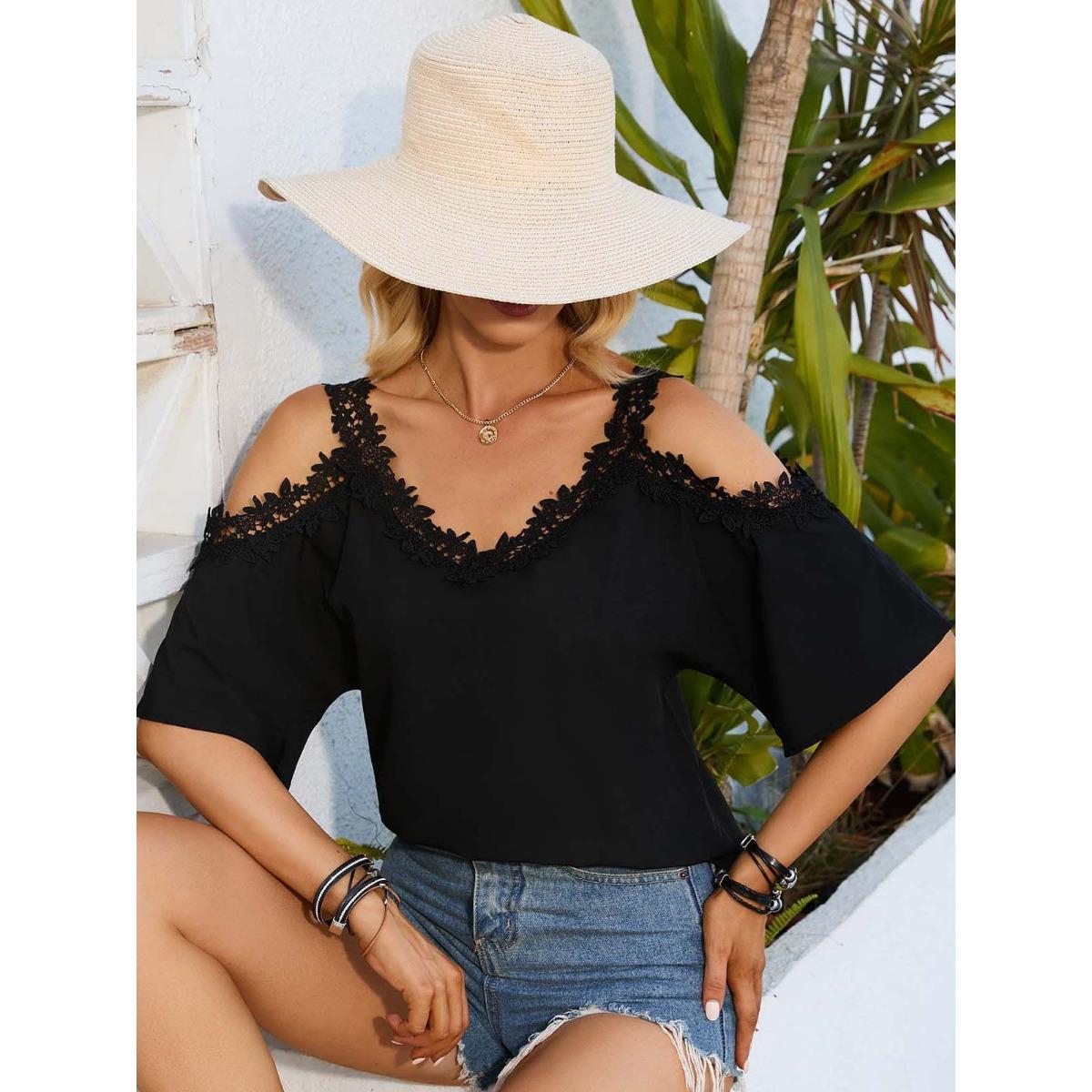 Women s  Summer European American Style V-neck Half Sleeve Sexy Off-shoulder Strap Chiffon Blouse S