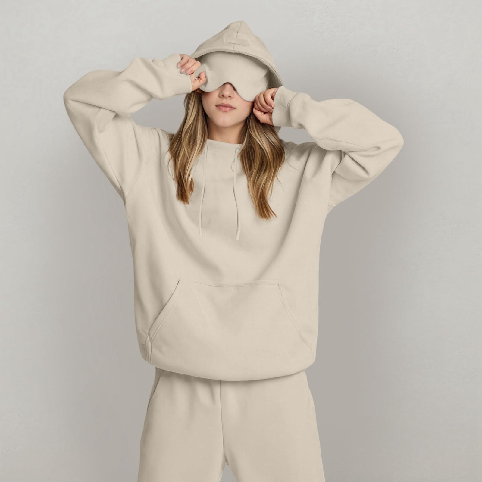 

Унисекс толстовка с капюшоном и встроенной маской для глаз, повседневный пуловер с длинным рукавом, спортивная толстовка однотонного цвета, толстовка свободного кроя S бежевый