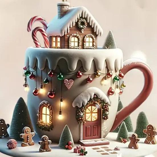 Yousheng Coffee Cup Christmas Tree Ornaments 2D Acrylic Winter Snow House Hot Chocolate Mug Shape Hanging Decoration for Holiday Tree Decor