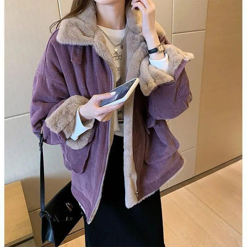 

Женская стеганая куртка, толстая бархатная куртка, зимняя теплая однотонная верхняя одежда с длинным рукавом, винтажное короткое женское пальто 2XL фиолетовый