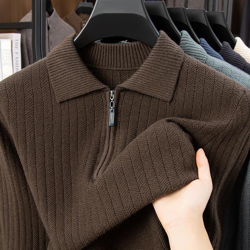 Men's Mid-Aged Half-Zip Knit Polo Shirt - Thick Solid Color Sweater for Autumn and Winter