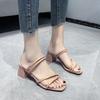 Large size thick-heeled sandals for women's summer new mid-heel one-word cool slippers for women's two fashion high-heeled sandals