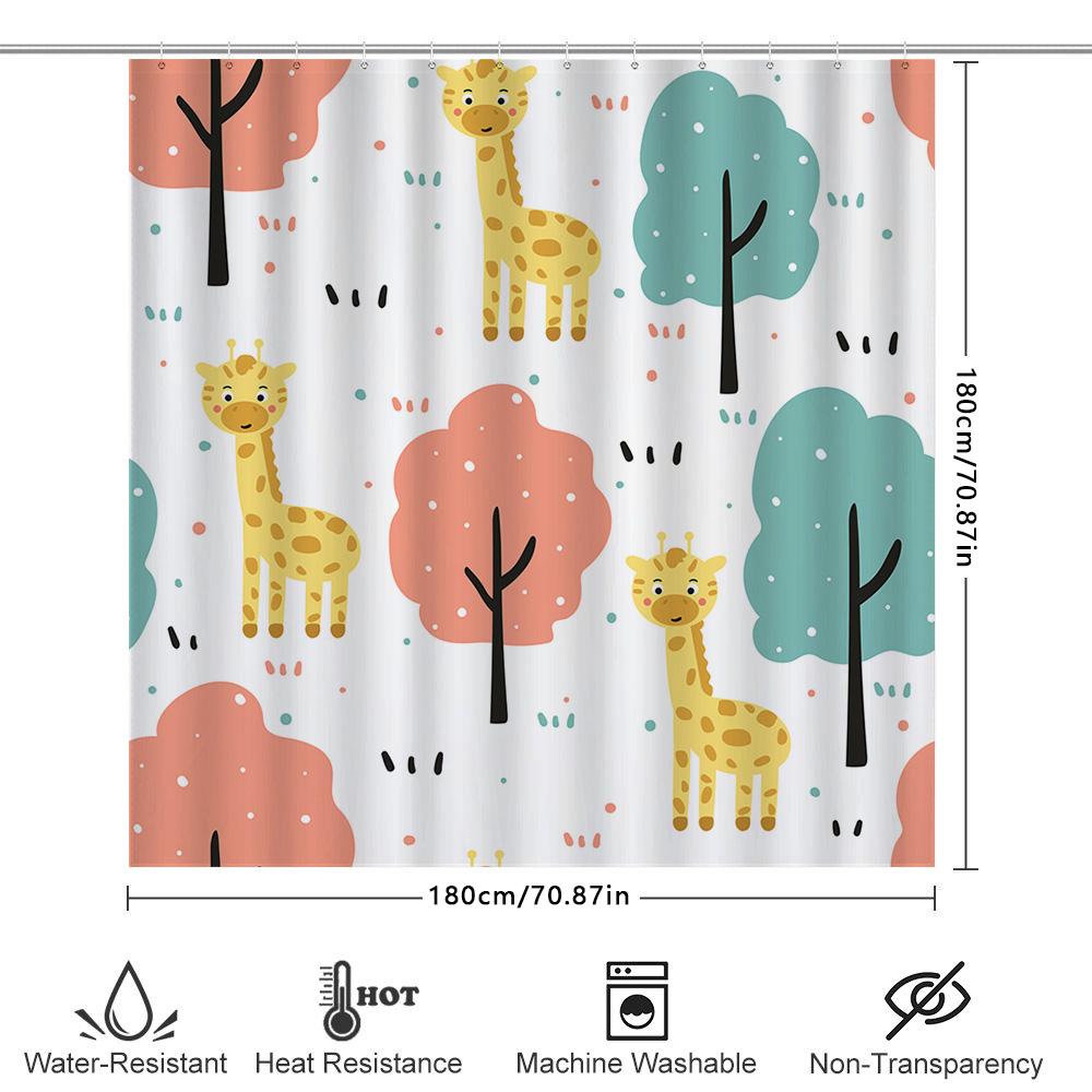 Whimsical Giraffe Trees Fabric Shower Curtain Pastel Colors For Bathroom Decor 3D Printed Waterproof Bath Mat Set With Hooks Per