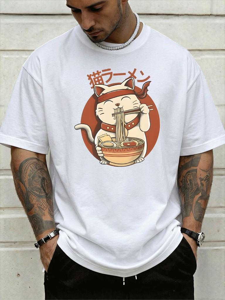 Vintage Japanese Lucky Cat Eating Raunisex Cartoon Graphic Print Unisexs Crew Neck Short Sleeve Tee Casual Daily Soft Basic Wear Top