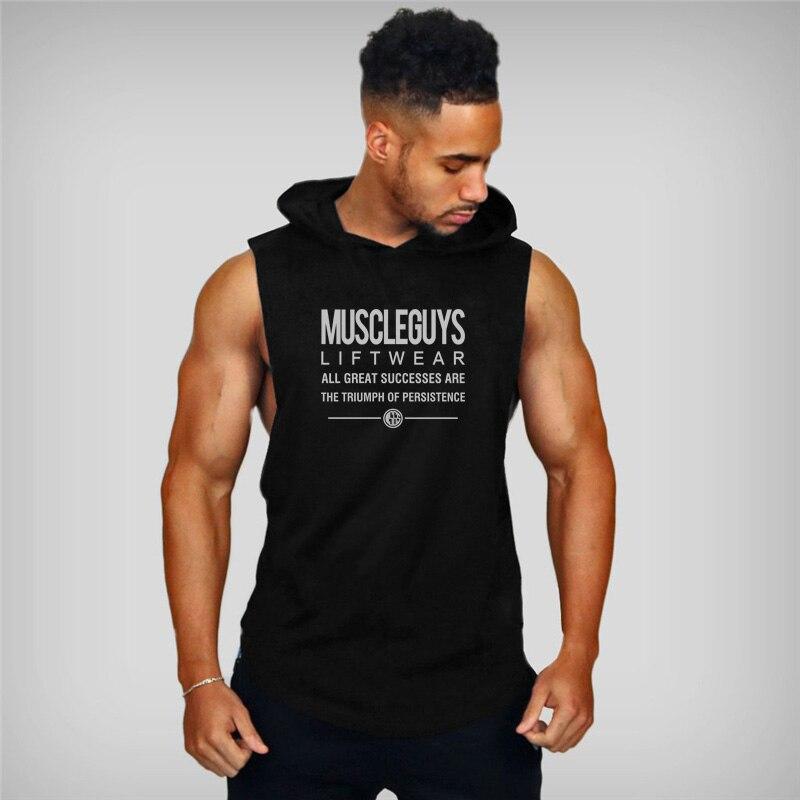 Muscleguys Muscleguys Brand Summer Mens Letters Print Gym Stringer Hooded Vest Bodybuilding Clothing Fitness Sleeveless Tank Tops Men