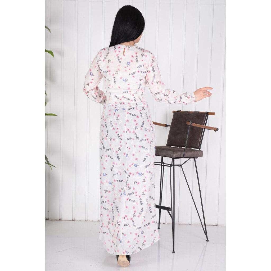Long Hijab Elastic Waist And Embroidered Dress / Blue Flower Embroidery (brode) Slim Fit Buy A Larger Size