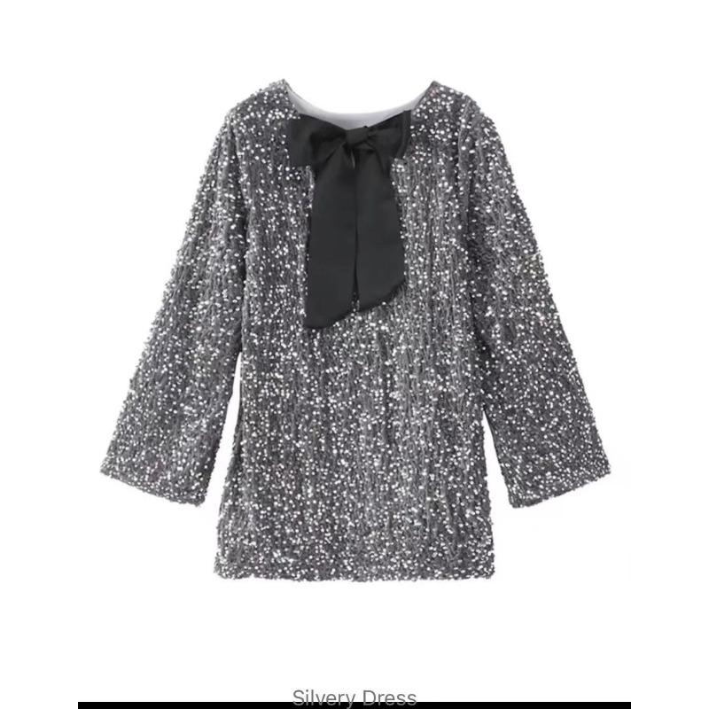 VEZFAA Women's Fashion Spring Fall Solid Color Print Long Sleeve O-Neck Loose Waistline Casual Dresses
