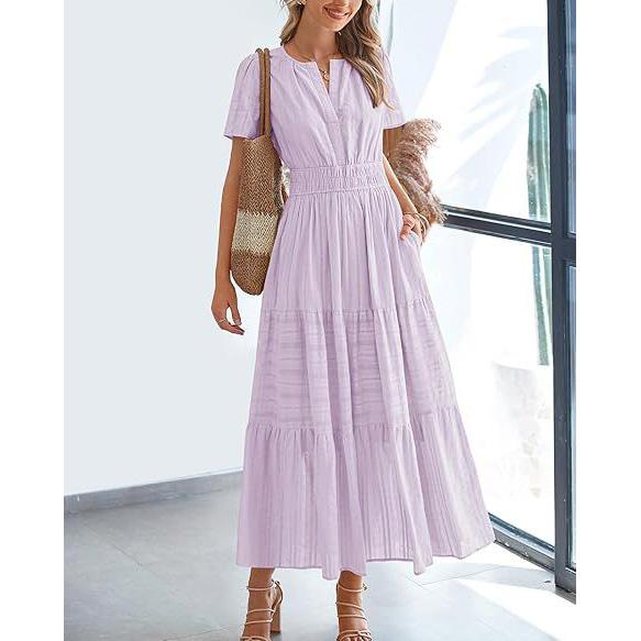 Women's Spring Summer Elegant V-Neck Ruched Waist Flared Long Sleeve Maxi Dress Fashion Casual Party Dress