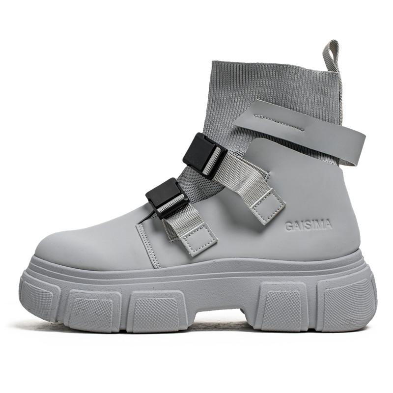 Fashion Gray Men's Buckle Strap Boots Trendy Designer Socks Boots Men Tooling Platform Shoes Man Slip-On Autumn Winter Footwear