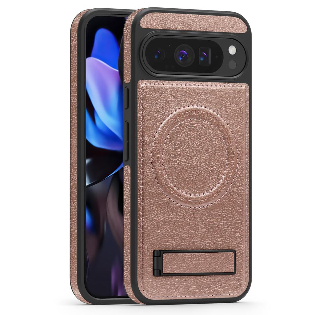 For Google Pixel 9 Pro XL Case Compatible with MagSafe Kickstand Leather Phone Back Cover