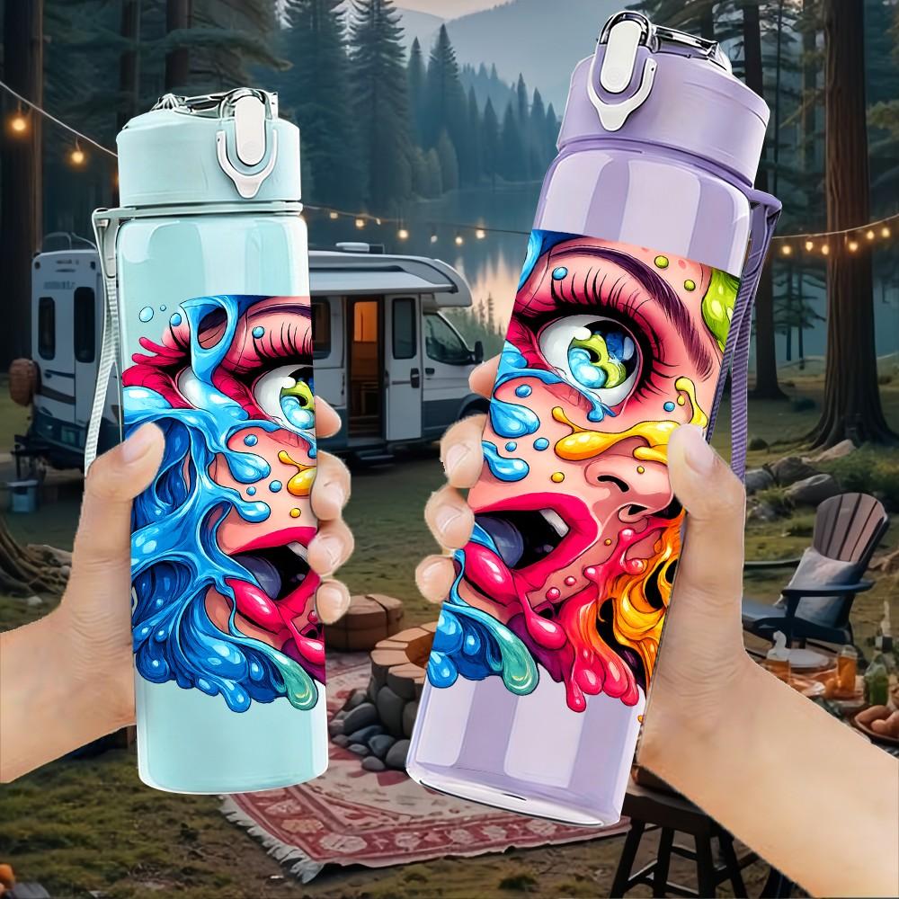 1PC Multicolor Abstract Face Graffiti Print 750ml Color Plastic Sports Water Bottle Leakproof Flip Straw Lid Suitable for Sports Office Home Use