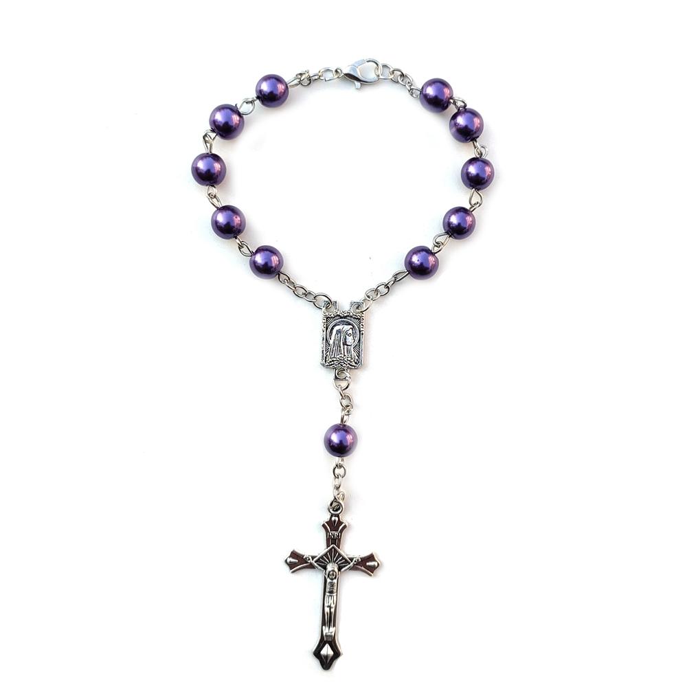 QIGO Car Rosary  One Decade Imitation Pearl Glass Beads Cross Pendant Bracelets For Men Women