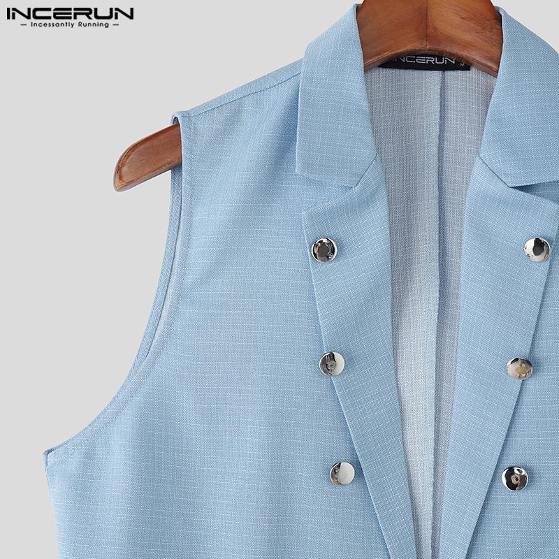 INCERUN 2PCS Two Pieces Men Sleeveless Texture Cropped Waistcoat and Long Straight Pants Sets
