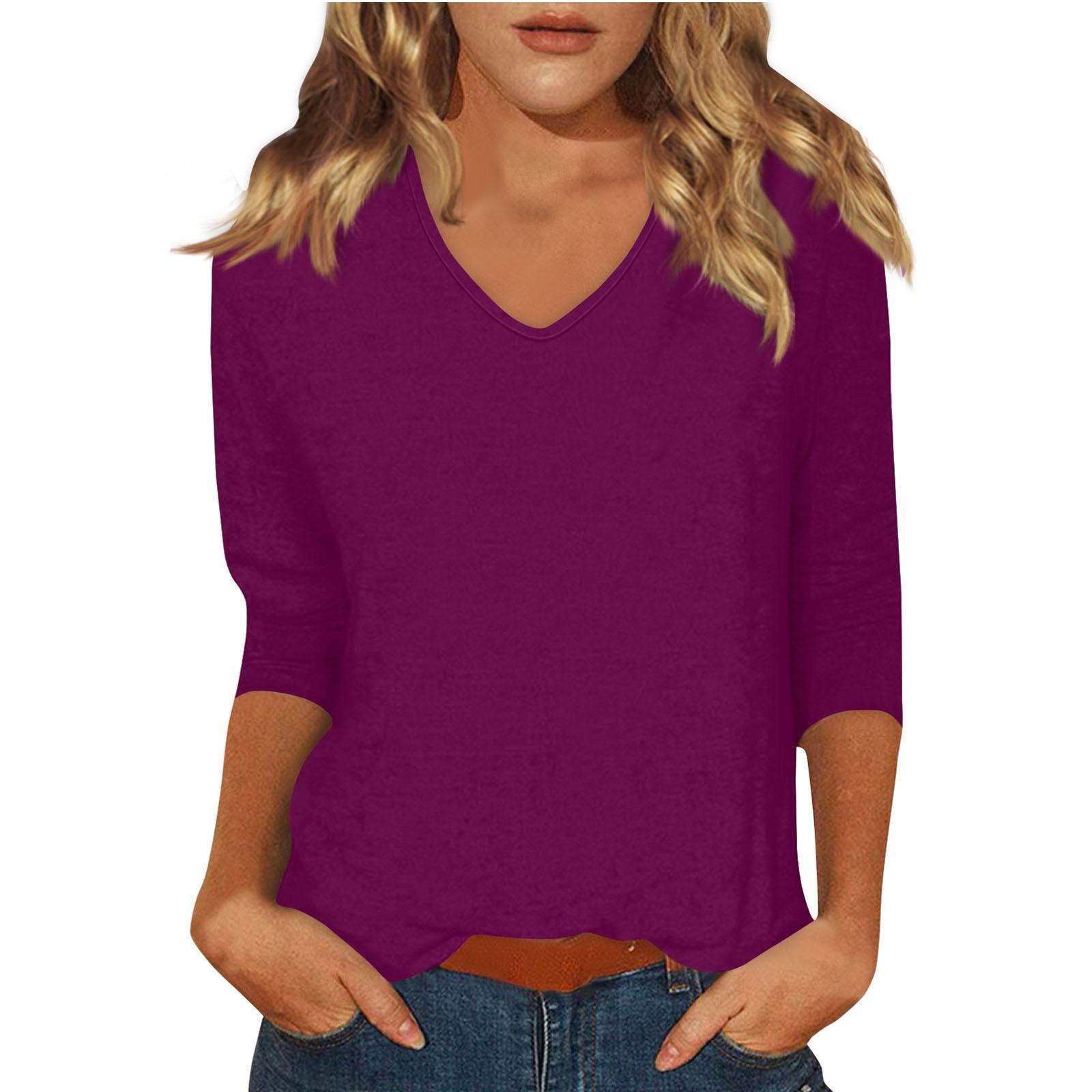 

Женская модная повседневная однотонная футболка с v-образным вырезом и рукавами 3/4, топ XL
