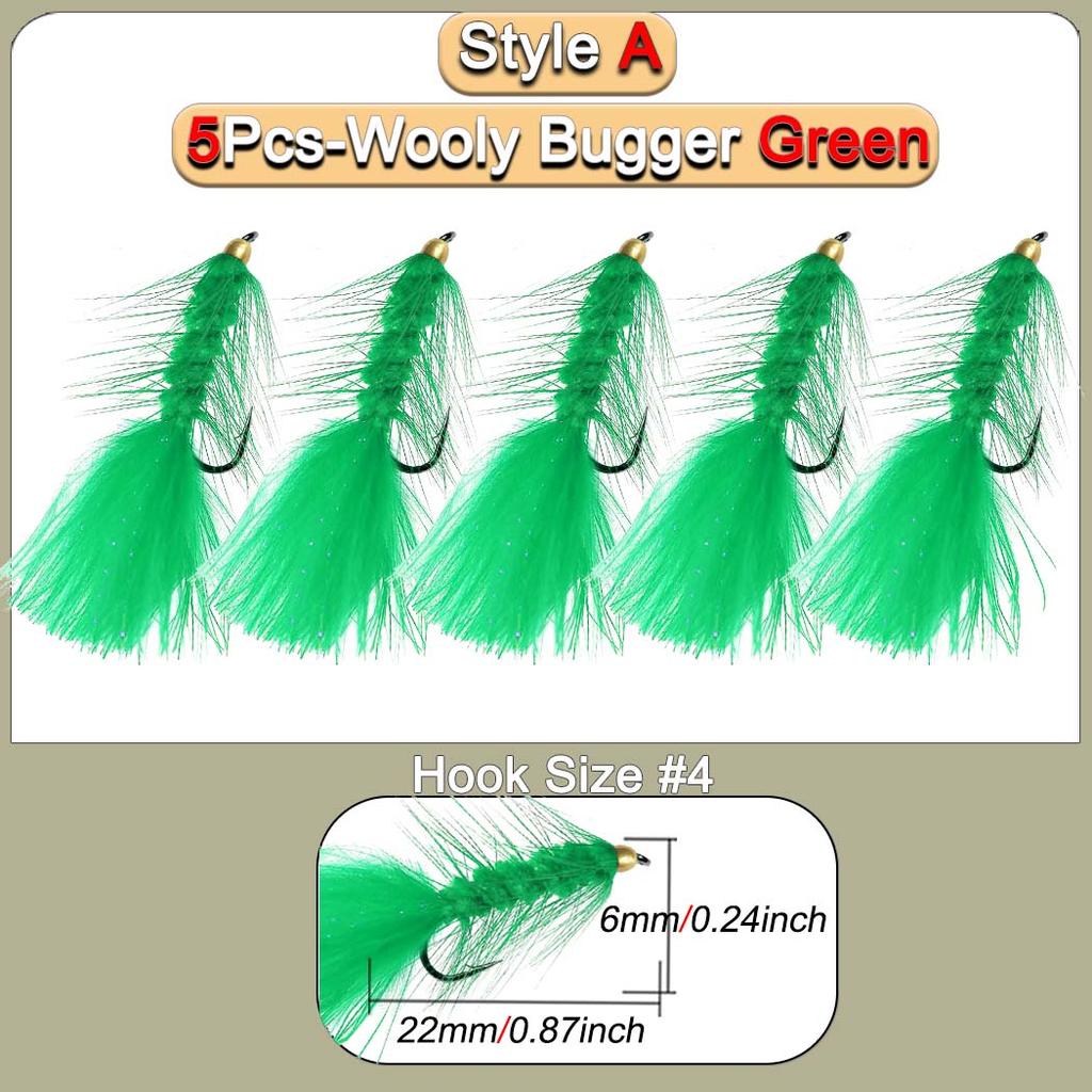5 Stück Messingkopf Wooly Bugger Streamer Angel Fliegenköder Rot Schwarz Salzwasser Fliegenbindehaken Forellenfliegen Köder