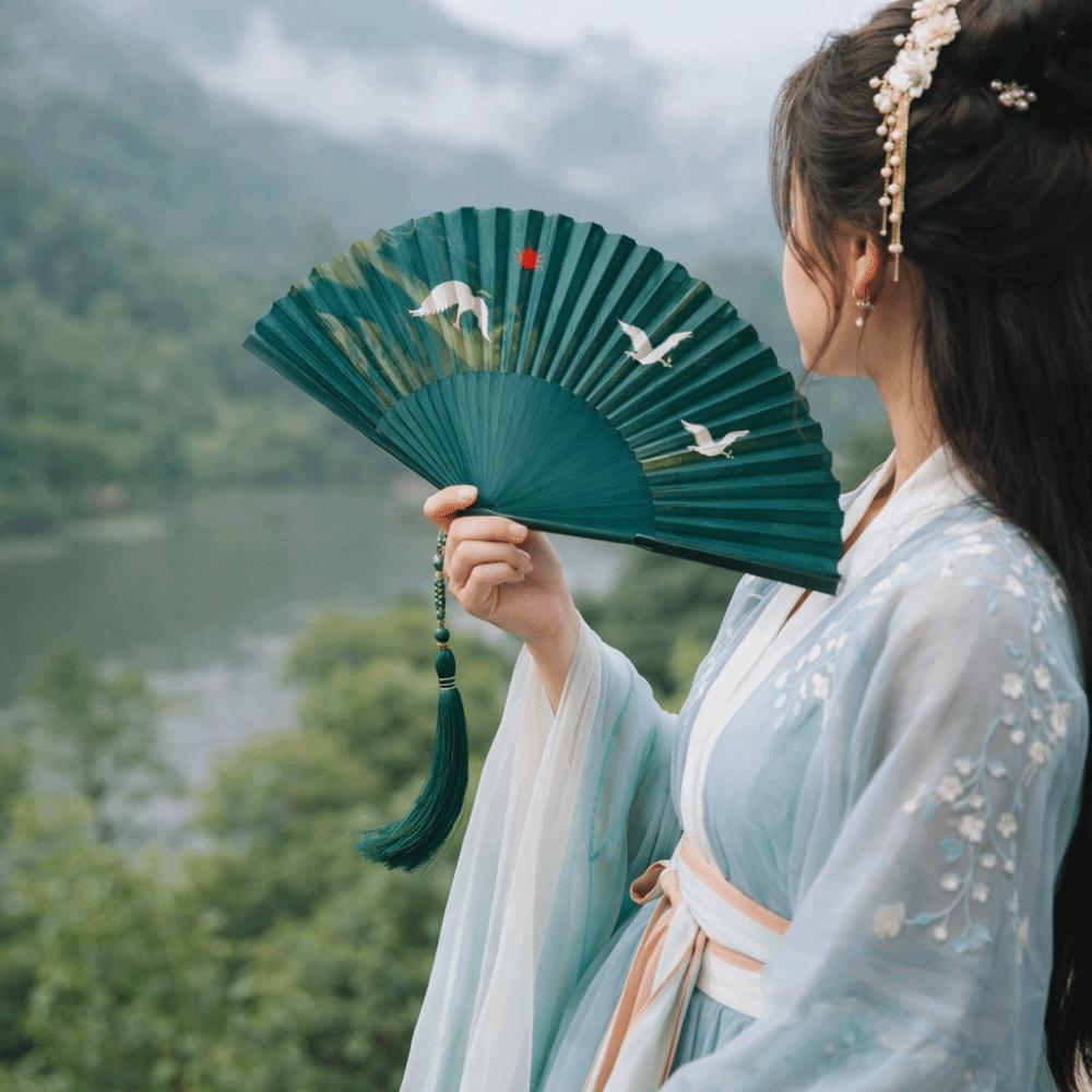 Crane Pattern Bamboo Folding Fan Traditional Double Side Fan  Hanfu Matching
