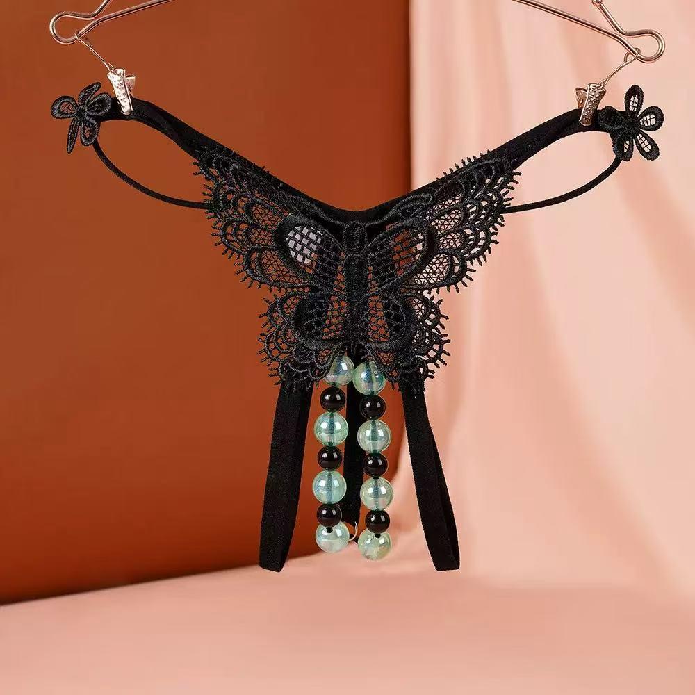 Jade Clam Luminous Pearl Massage Thong - XL Seductive Open Crotch Double Row Panties