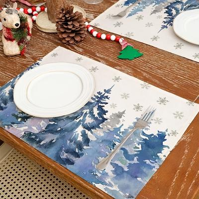 4pcs Winter Watercolor Placemats – Blue Christmas Trees & Snowflakes, 12x18in, Festive Holiday Table Decor for Home or Party