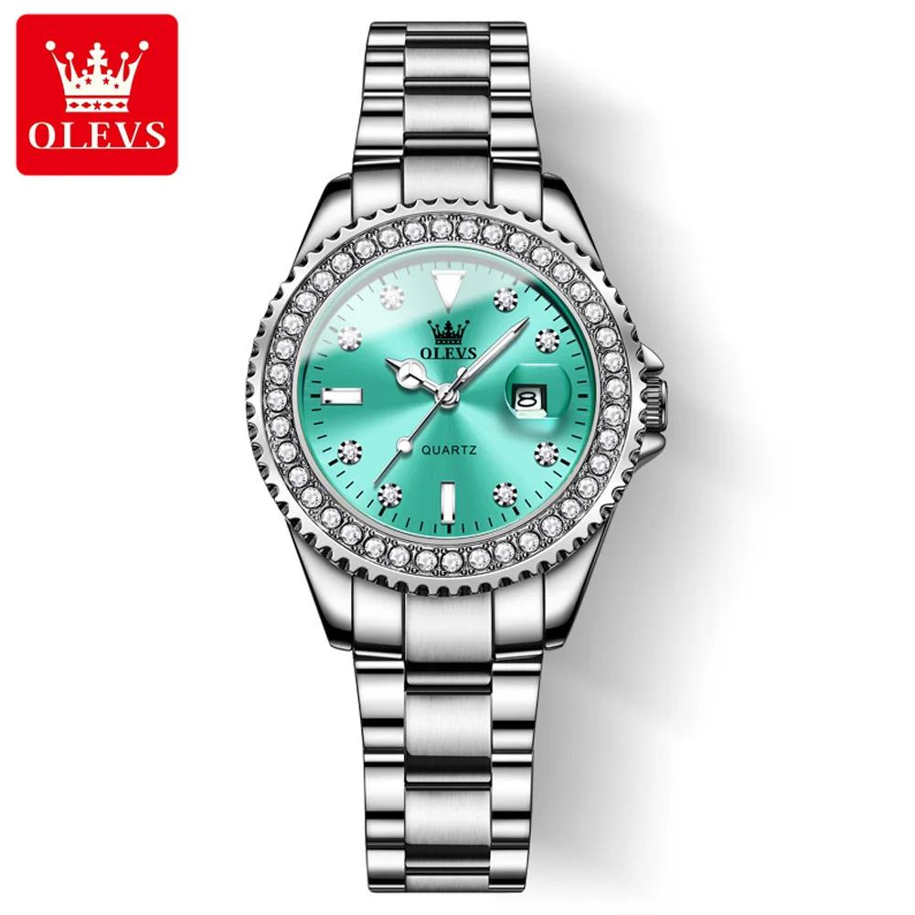 OLEVS Kvartsklokke for kvinner Diamond Dial Luxury Rustfritt stål Vanntett Elegant Dame Mote Topp Merke Dameklokke
