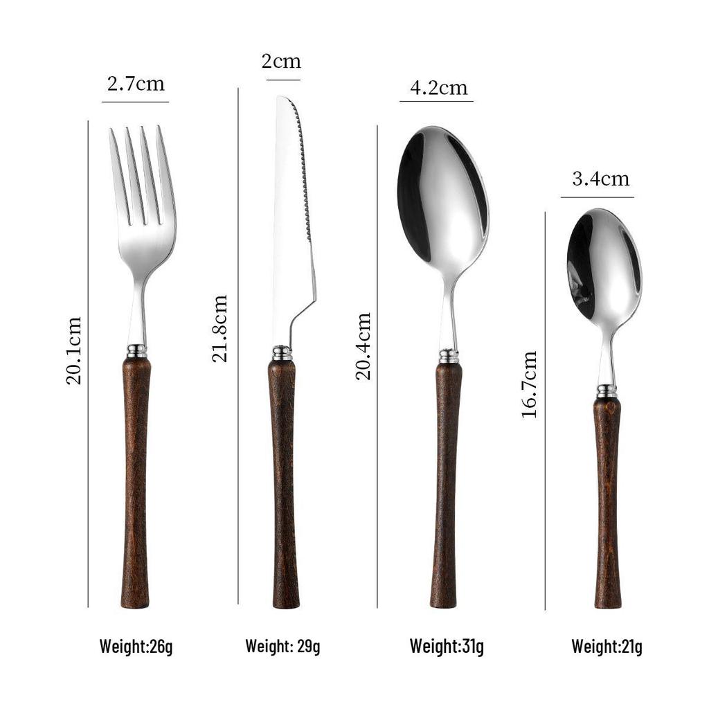 Retro Wooden Handle Walnut 304 Stainless Steel Cutlery Set: Dessert Spoons, Forks, and Slim Waist Steak Knives