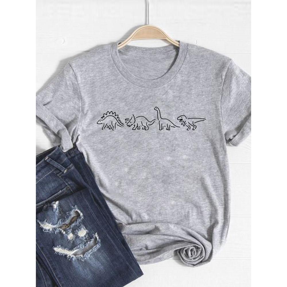 Print T Shirt Short Sleeve Flower Vintage Cute 90s Summer Top Fashion Clothes Women Clothing Gray Basic Tee Graphic T-shirt