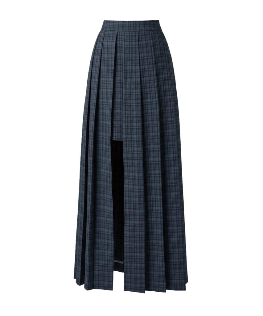 Koldeubeullaengkis Asymmetrical Long Check Slit Skirt Navy