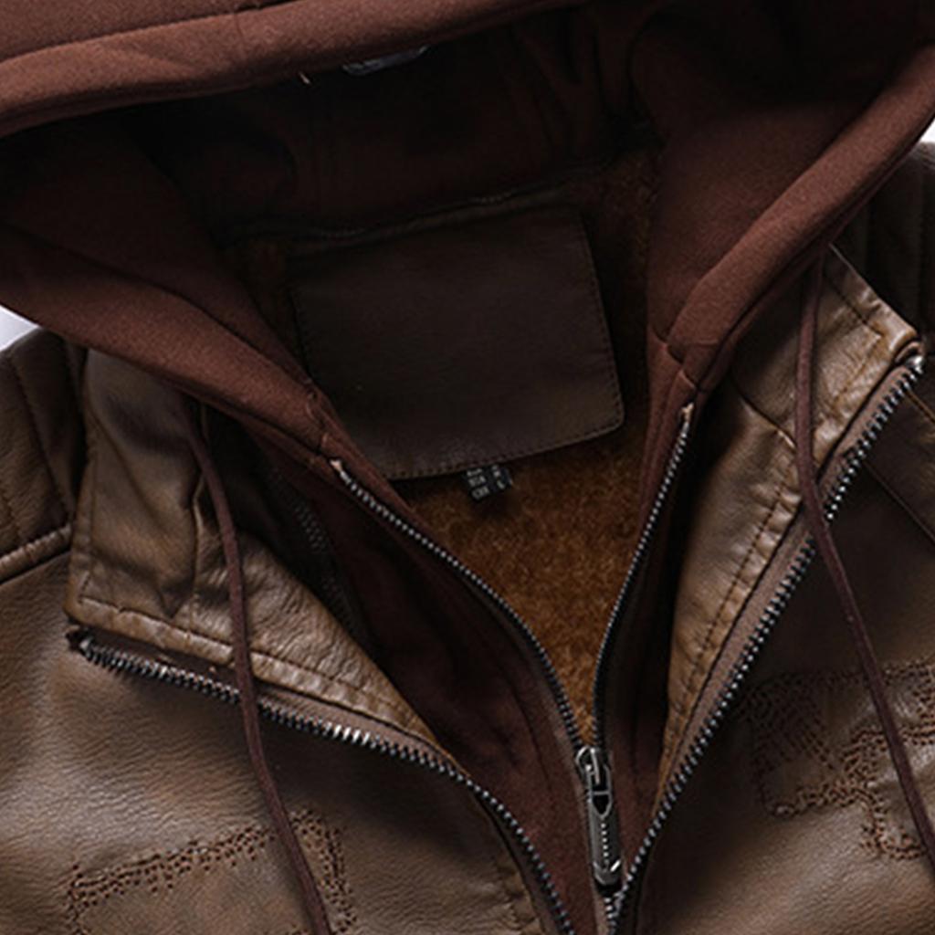 Men's Fake Two-Piece Leather Jacket Removable Hooded Fleece Fashion Casual Coat