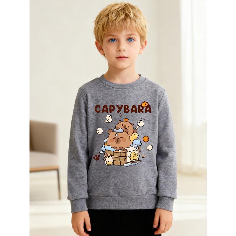 European sizes Kids' Crew Neck Long-Sleeved , Cartoon Capybara Print, Suitable for 3-10 Year Old Kids' Daily Casual Wear, Outdoor Activities