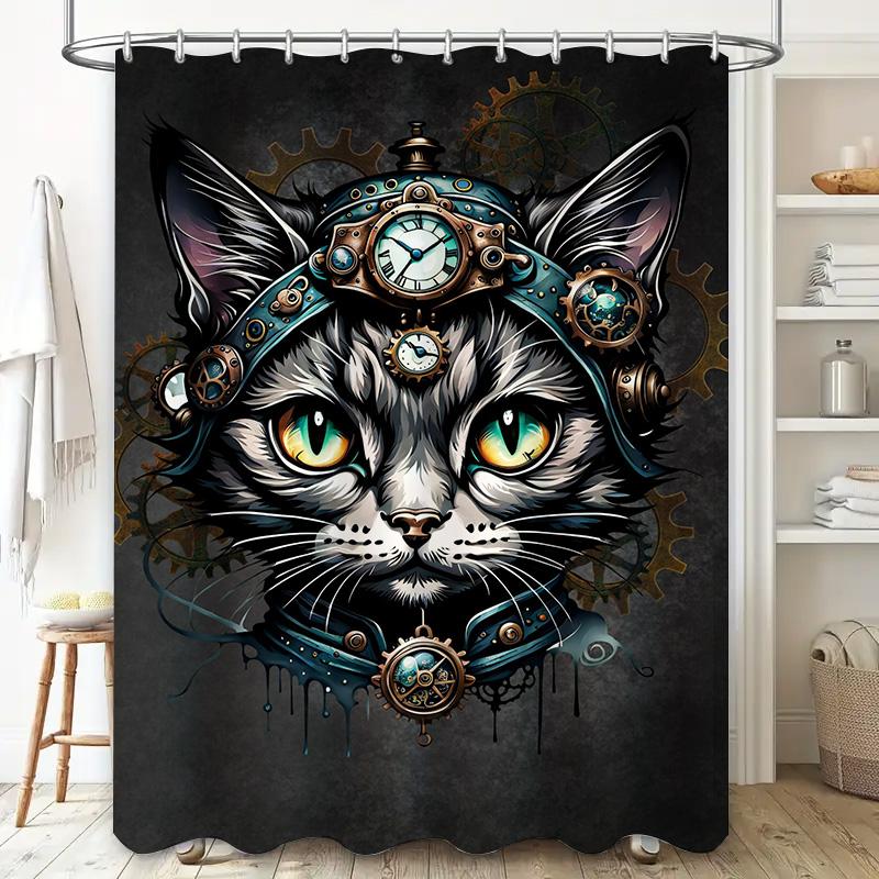 Steampunk-themed shower curtain with cat design featuring clockwork accessories perfect for adding a touch of whimsy to your bat