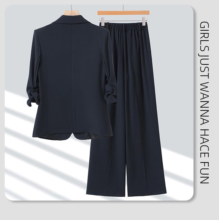 Women's Elegant Wrinkled Seven-Sleeve Blazer Suit with Wide-Leg Pants - Thin Style 2026 Spring/Summer Collection