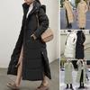 Stand Collar Long Sleeves Ribbed Cuffs Side Split Hem Zipper Placket Down Jacket Women Winter Hooded Long Type Thickened Overcoat