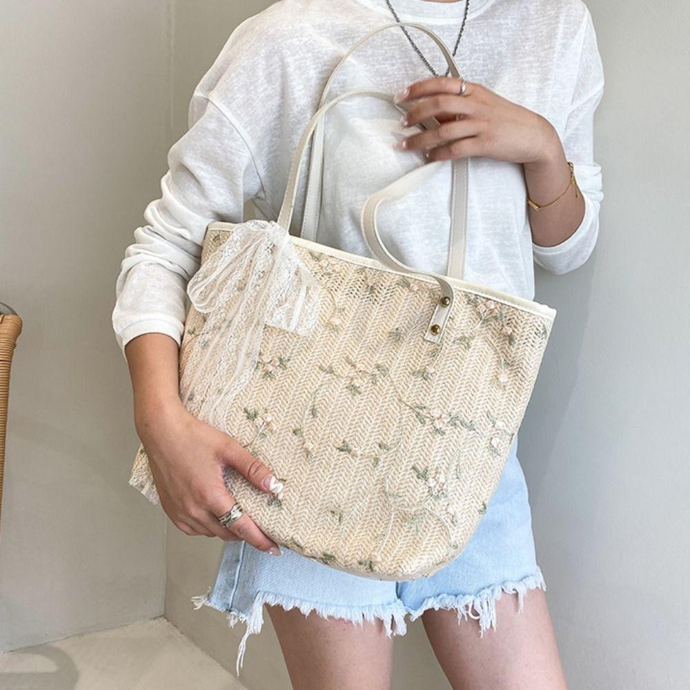Single Shoulder Large Capacity Straw Woven Shoulder Bag Portable Handmade Shopping Bag Lace Tote Bag Female