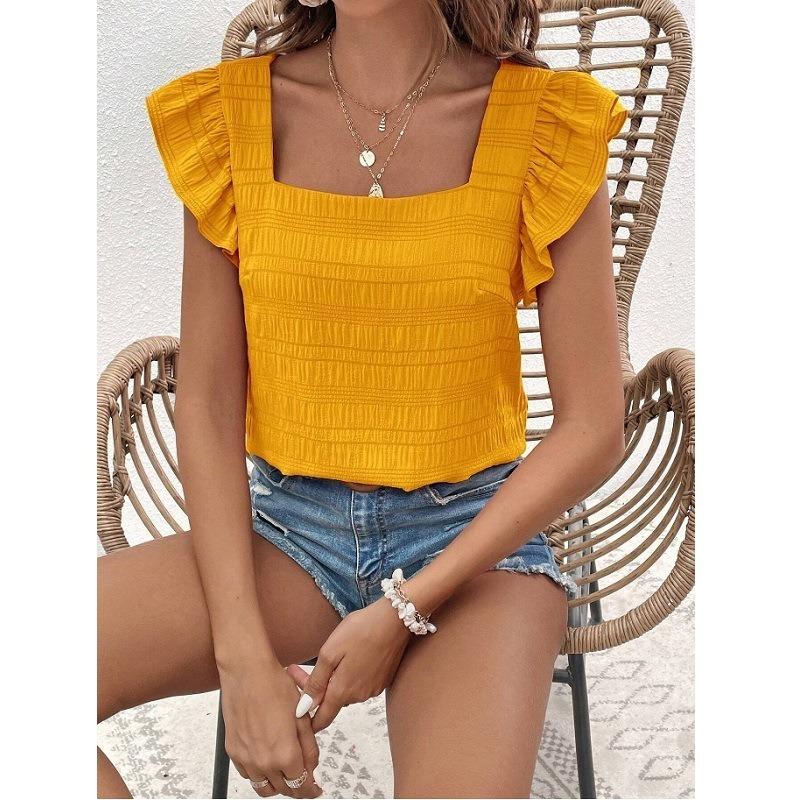 Women's Trend Spring Summer Fashion Square Collar Ruffled Shirt Top