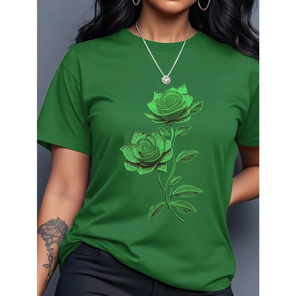 Women's Yellow T-Shirt with Gold Rose Print, Round Neck Short Sleeve Casual Top