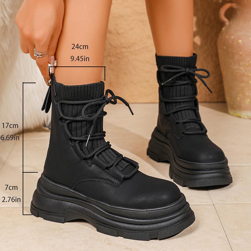 Black Chunky Platform Ankle Boots Women Patchwork Cross Lace Up Thick Bottom Goth Boots Woman Autumn Winter Short Booties Mujer 35 6330₽