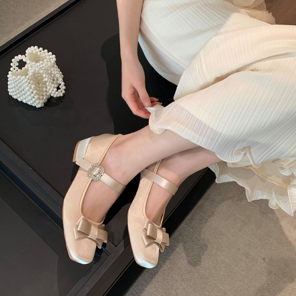 Sweet bow high-heeled Mary Jane shoes women's spring 2025 new one-word buckle belt with skirt light mouth single shoes