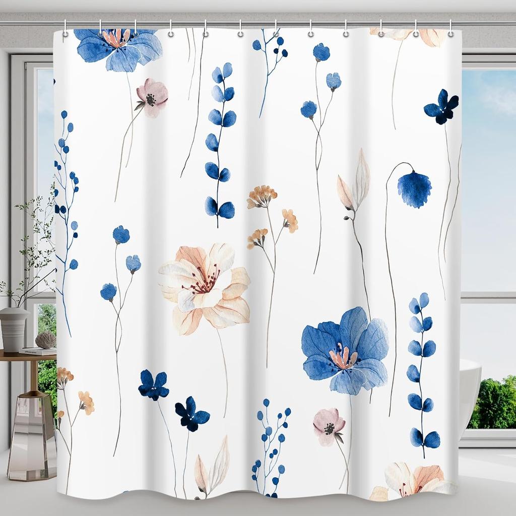 Shower Curtain Watercolor Flower Shower Curtain Sets - Spring Burnt-Orange Floral Plant Shower Curtains for Bathroom