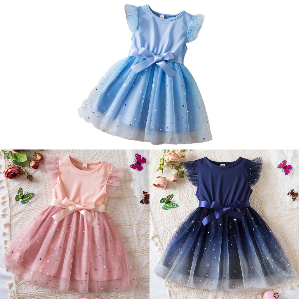 Vestito estivo da principessa per bambina con tessuto a rete sfumato per bambine piccole