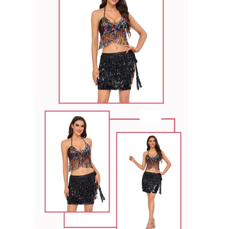 Belly Dance Hip Scarf Laces Up Sequins Skirt Sparkles Wrap Skirt Bellydance Costumes for Halloween Raves Party Clubwears