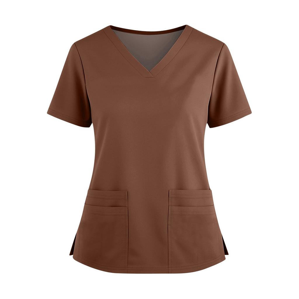 Women's Fashionable Solid Color V-neck Double Pocket Short Sleeved Shirt With Slit Hem Uniform And Worker Top
