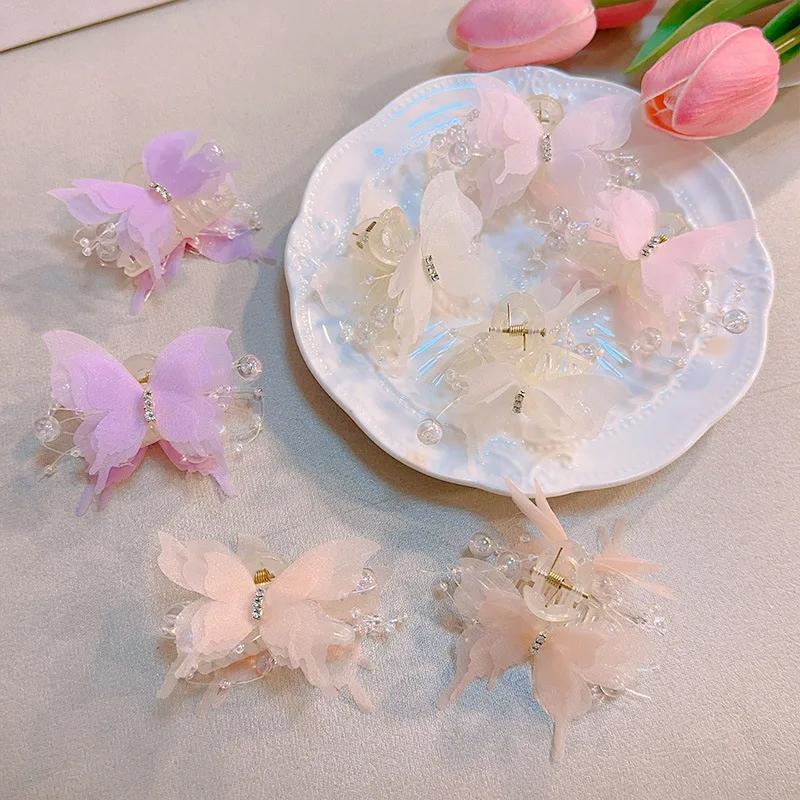 New Rhinestone Butterfly Small Grab Clip for Women Sweet Temperament Tie Hair Shark Clip Fashion Girl Hair Accessories