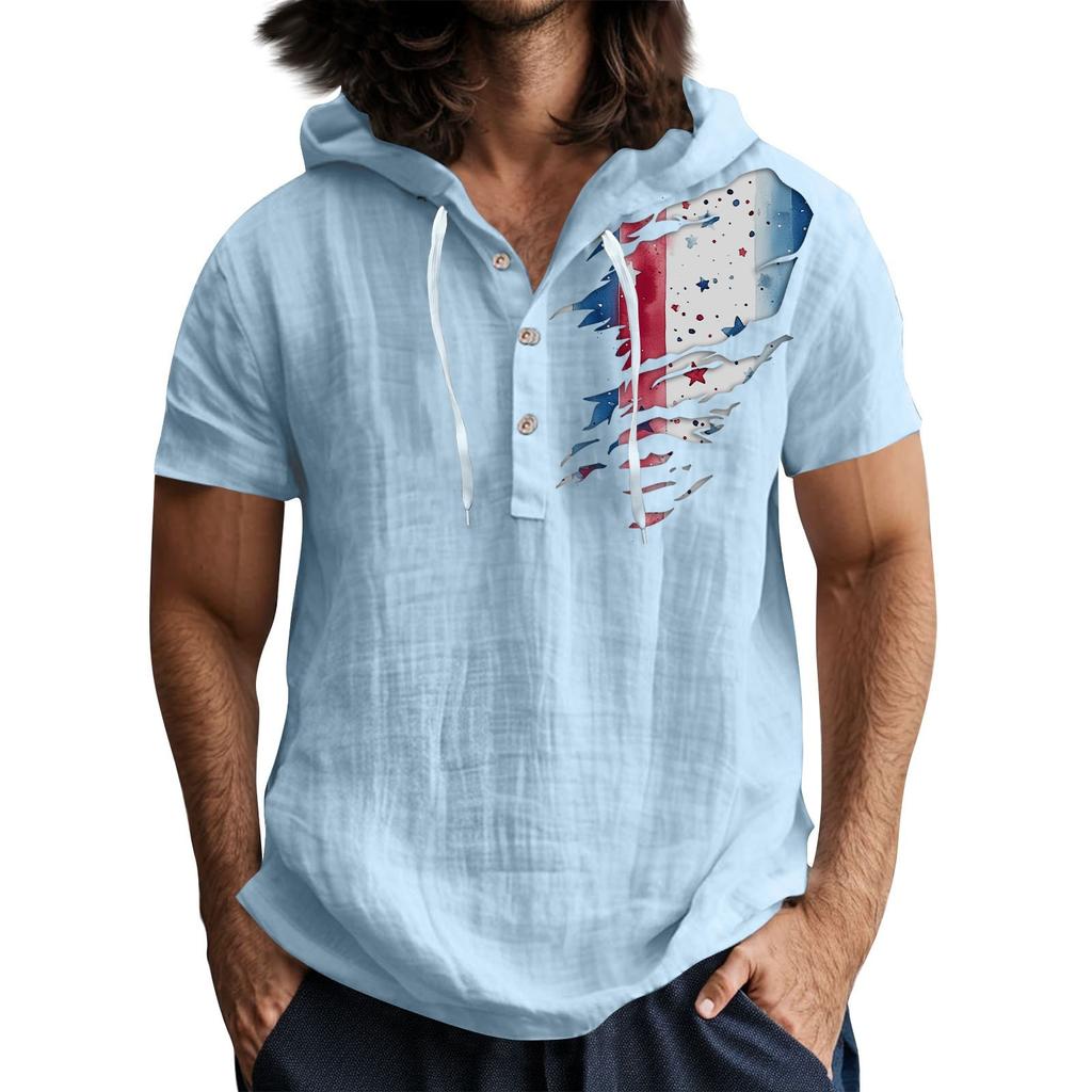 Men'S Casual Short Sleeved Hooded Top Buttoned Open Neck T-Shirt