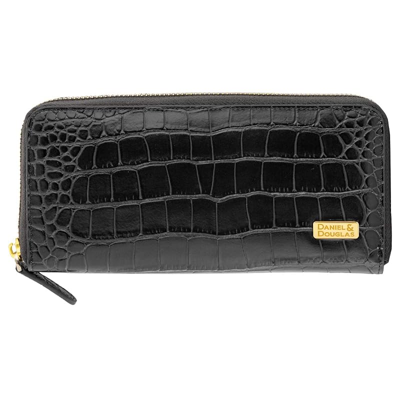 DANIEL&DOUGLAS Long Wallet, Daniel Douglas Leather Round Zipper Wallet, Brand Name, Men's (Black X Gold)