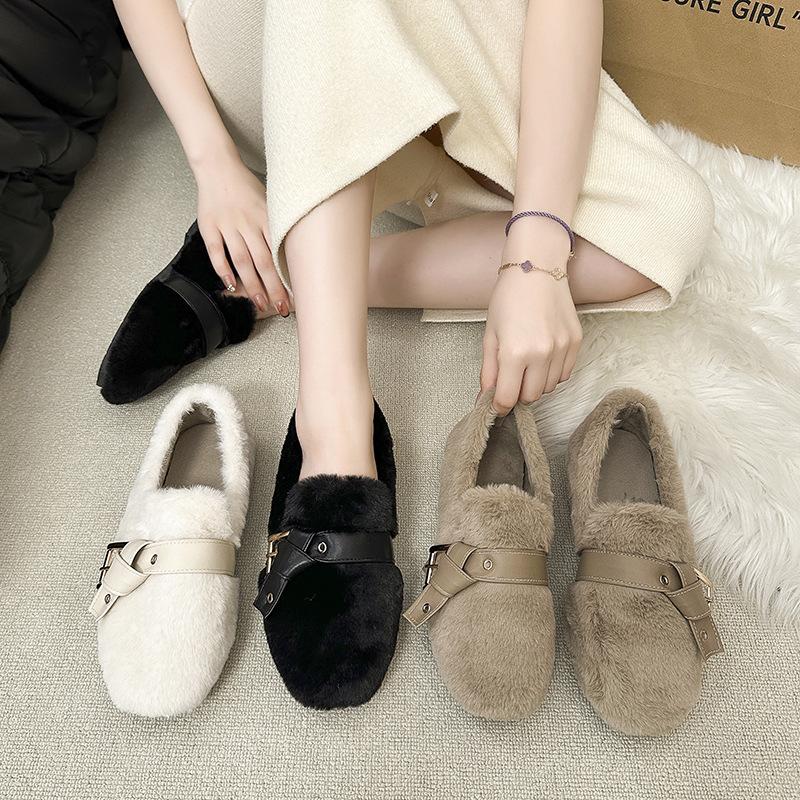 Inner Height Increase Warm Fairy Thick-soled Plush Shoes Female Autumn and Winter Wear a Pedal Internet Celebrity Mink Bean Cotton Shoes