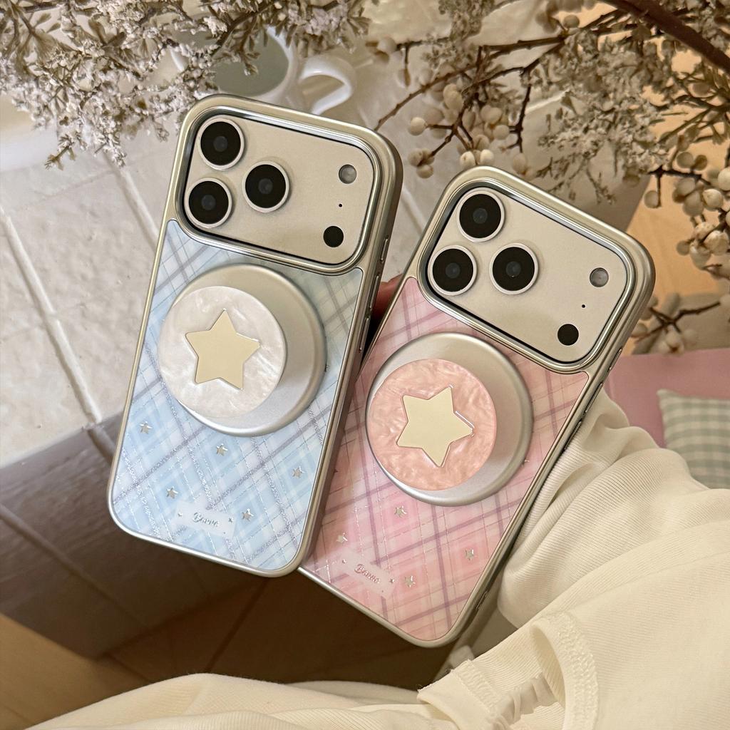 Fritillary is suitable for Apple 17pm mobile phone case magnetic suction bracket iphone16 pink plaid star 14 gilt 15 mirror