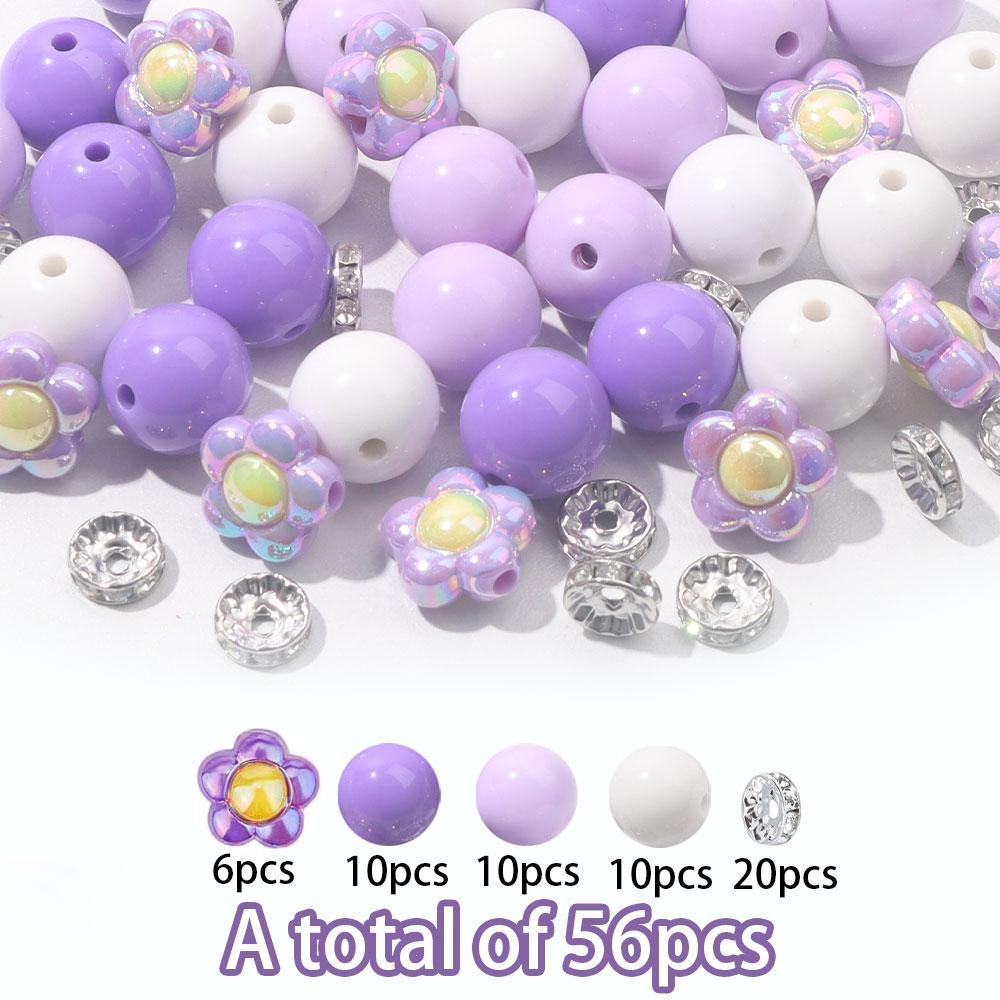 

56 шт. акриловых декоративных бусин, в том числе 30 круглых акриловых бусин диаметром 15,5 мм, 6 акриловых бусин в форме цветка и 20 блестящих разделительных бусин диаметром 10 мм, 56pcs фиолетовый
